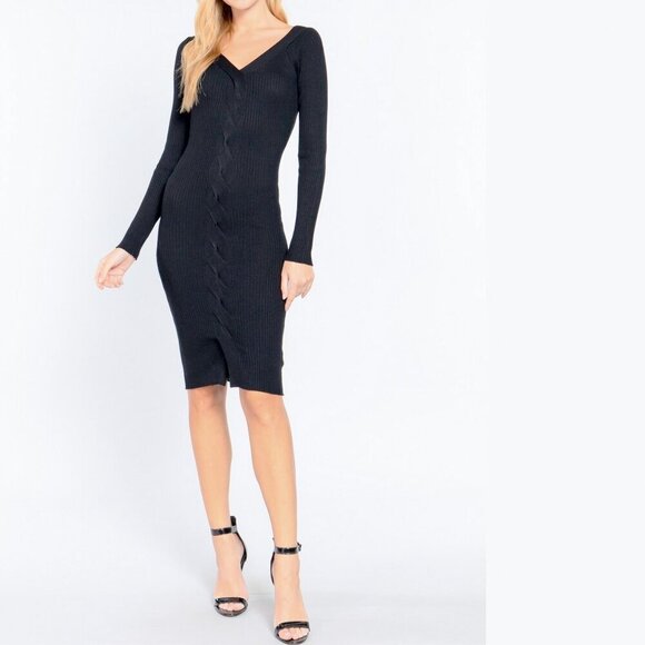 Deep Double V-neck Twist Detail Sweater Stretch Midi Dress in Black or Pink - Picture 4 of 16